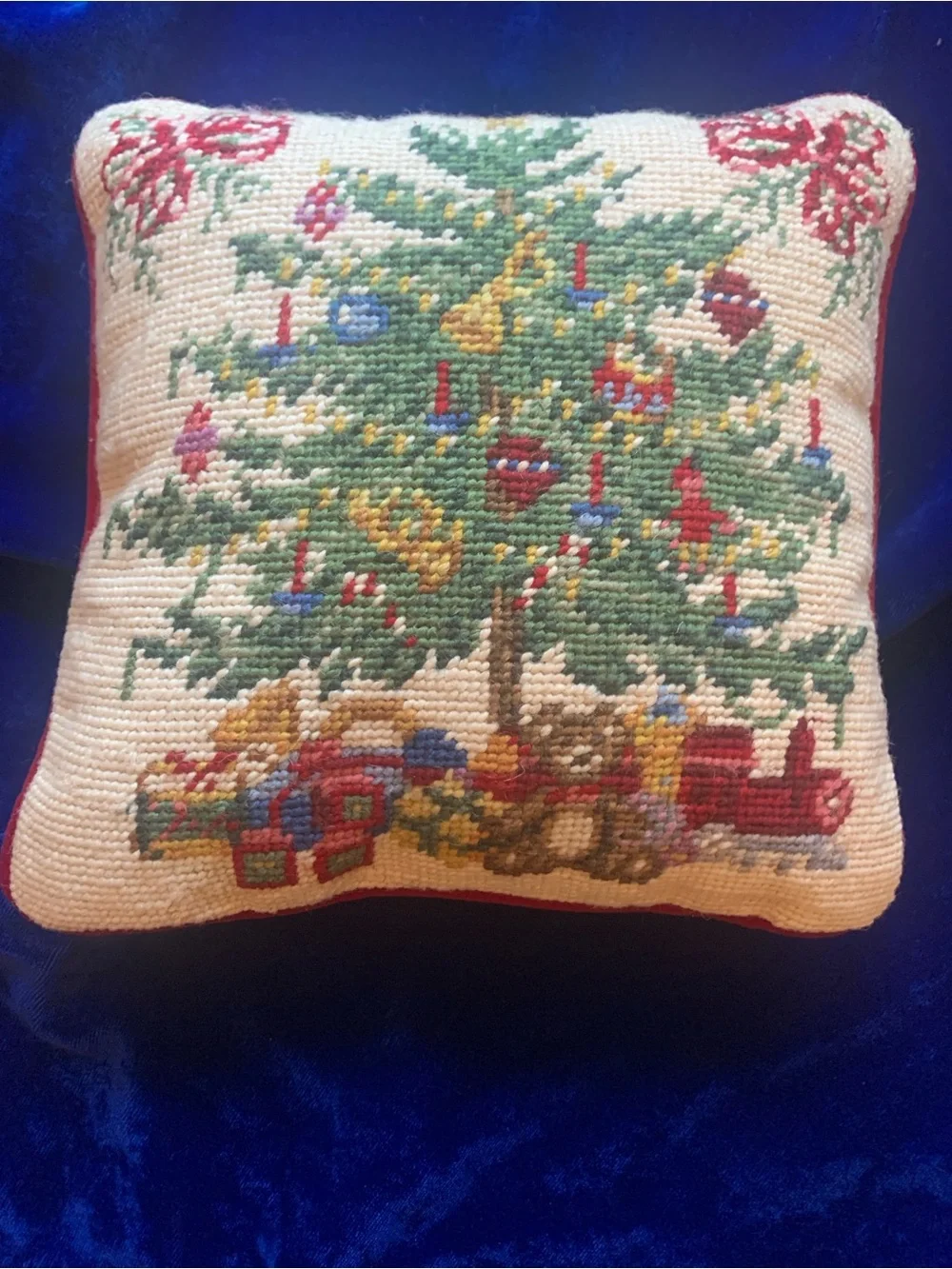 Old Fashioned Needlepoint Christmas Tree Pillow w/Red Velvet Zippered Back